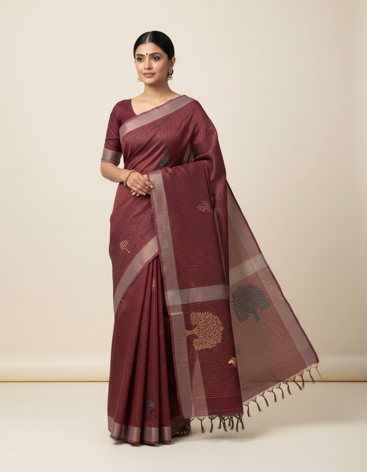 Maroon Cotton Saree with Tree Motif |  Traditional Saree for Festivals & Pujas