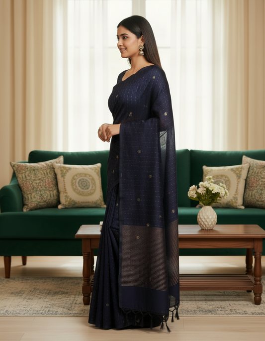 Pure Cotton Navy Blue Saree with Golden & Orange Paisley Design | TREXORA Soft Daily Wear Saree
