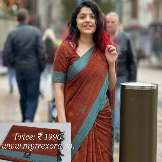 Pure Cotton Brown Saree with Teal Border & Orange Check Motifs