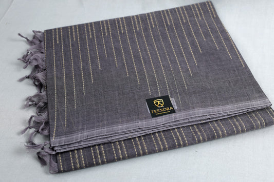 Trexora Grey Cotton Saree with Subtle Golden Stripes