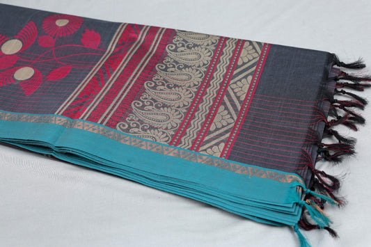 Pure Cotton Dark Grey Saree with Pink Floral Weaving & Teal Border | TREXORA Soft Daily Wear Saree