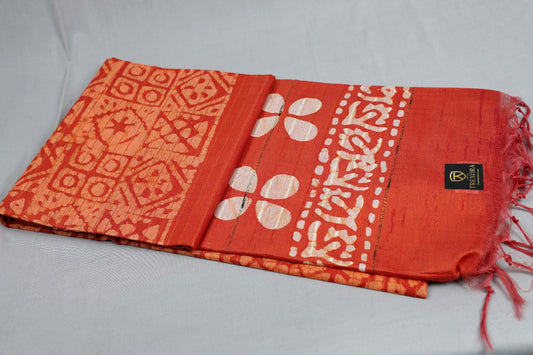 Pure Cotton Orange Bandhani-Style Saree with White Motifs & Tassel Pallu